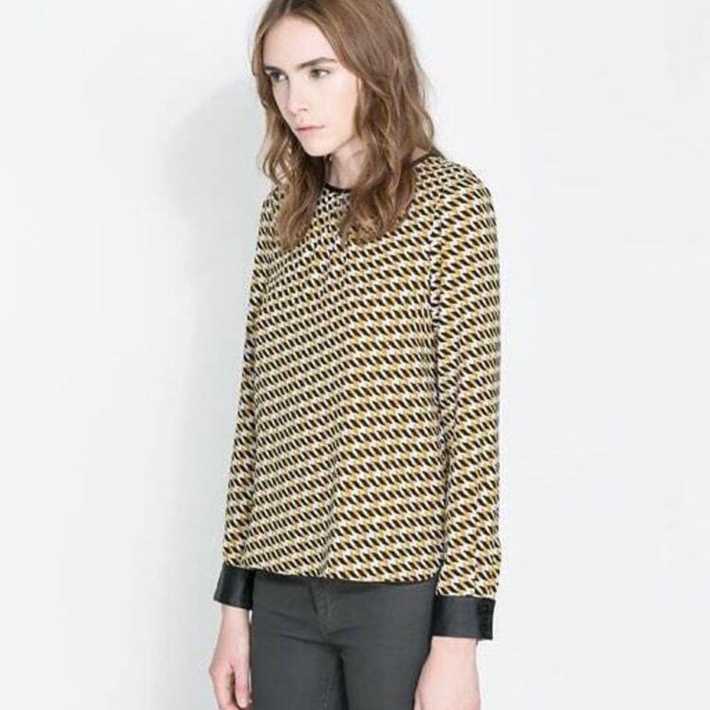 Zara Yellow Contrast PU Leather Diamond Print Blouse